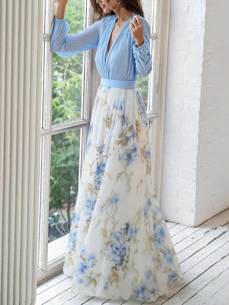 Effortless Blue Floral Maxi Dress for Women with V Neck Lantern Sleeve Flowing Bohemian Style