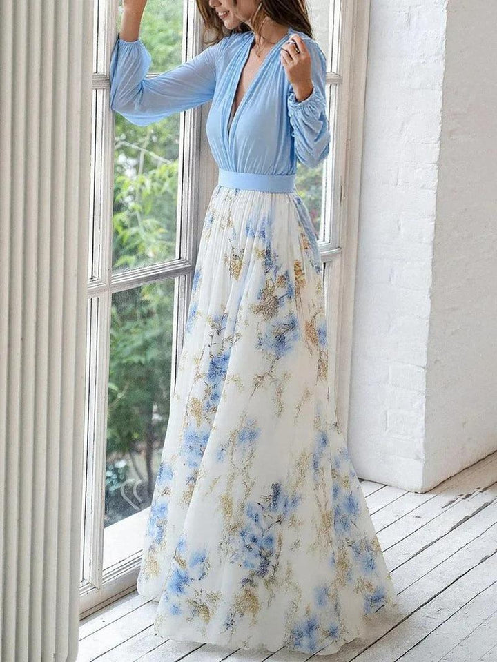 Effortless Blue Floral Maxi Dress for Women with V Neck Lantern Sleeve Flowing Bohemian Style