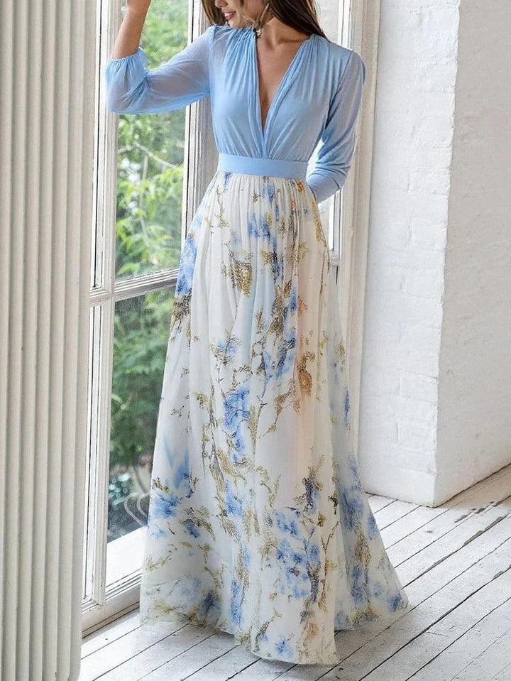 Effortless Blue Floral Maxi Dress for Women with V Neck Lantern Sleeve Flowing Bohemian Style