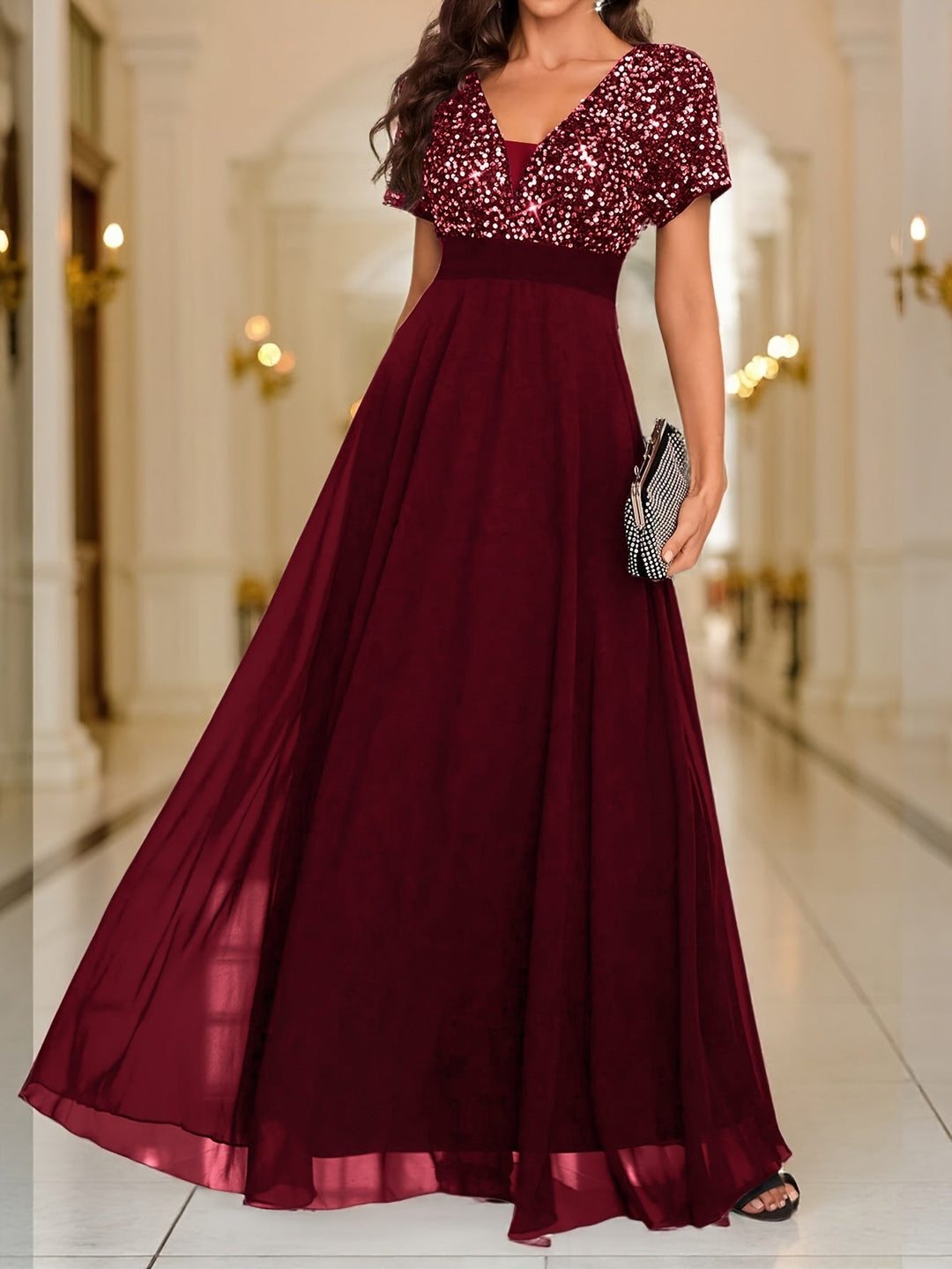 Elegant Sequin Maxi Dress for Women with V Neck Short Sleeve Empire Waist Flowing Formal Wedding Guest Style