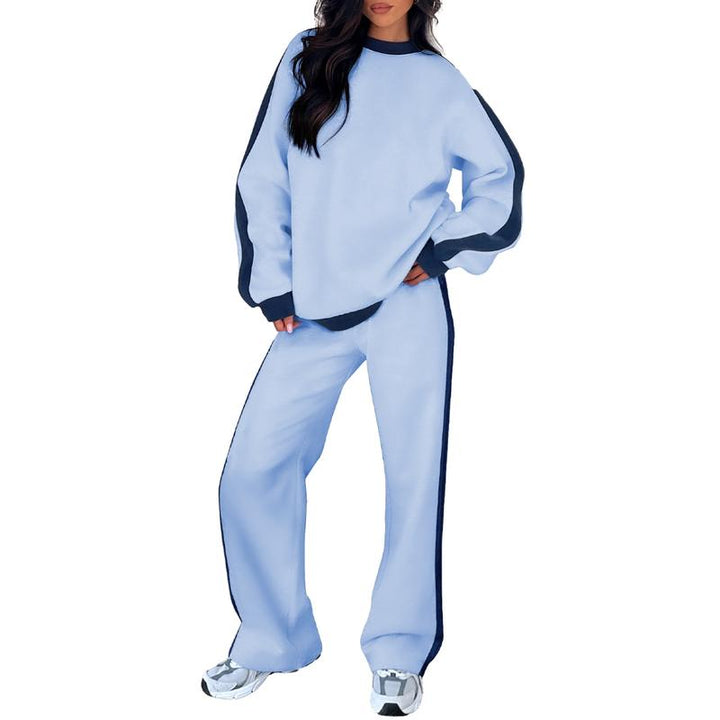 Comfortable Colorblock Wide Leg Set for Women with Crewneck Long Sleeve Contrast Stripe Two Piece Style