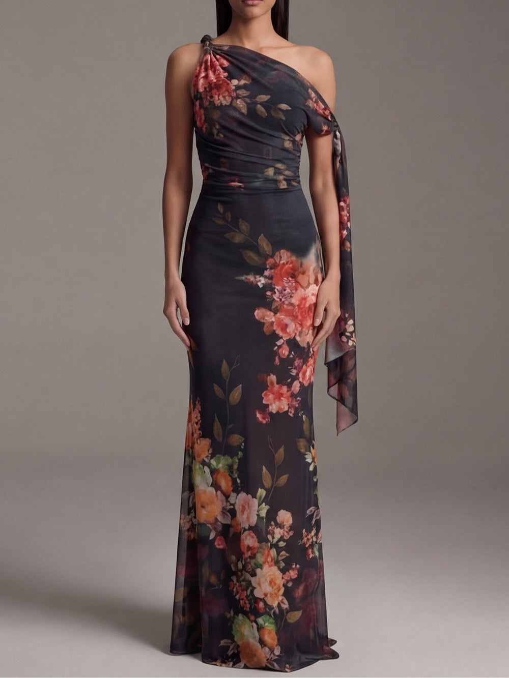 Elegant Black Floral Maxi Dress for Women with One Shoulder Draped Sleeve Column Flowing Wedding Guest Style