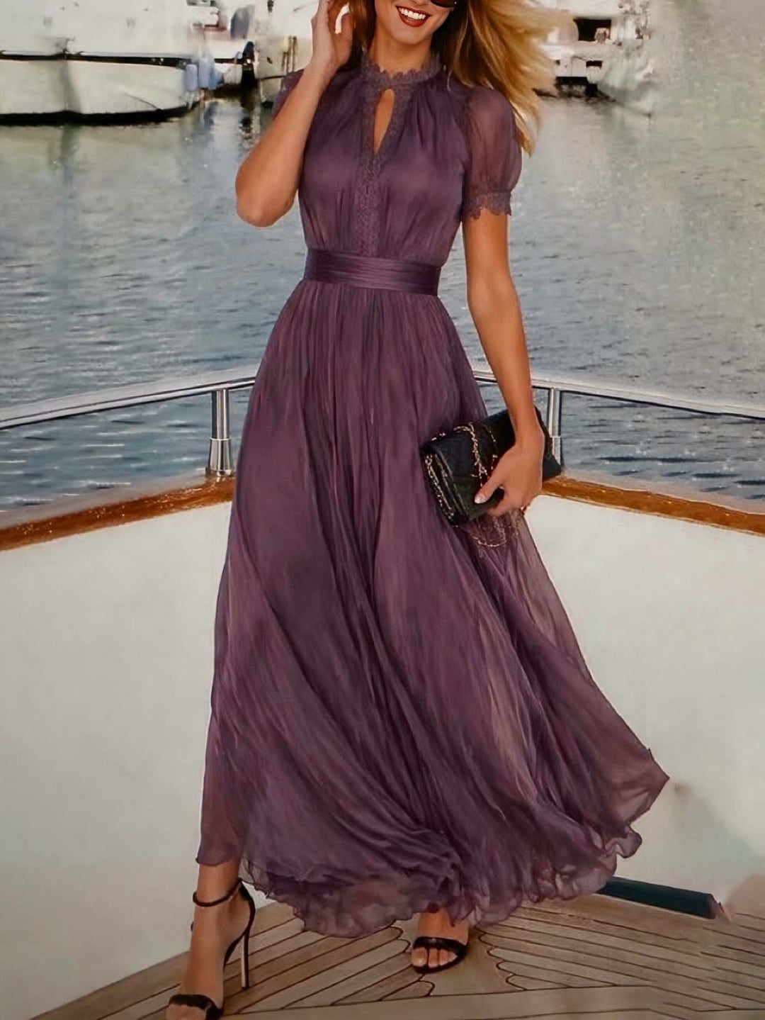 Elegant Chiffon Maxi Dress for Women with High Neck Keyhole Puff Sleeve Flowing Style