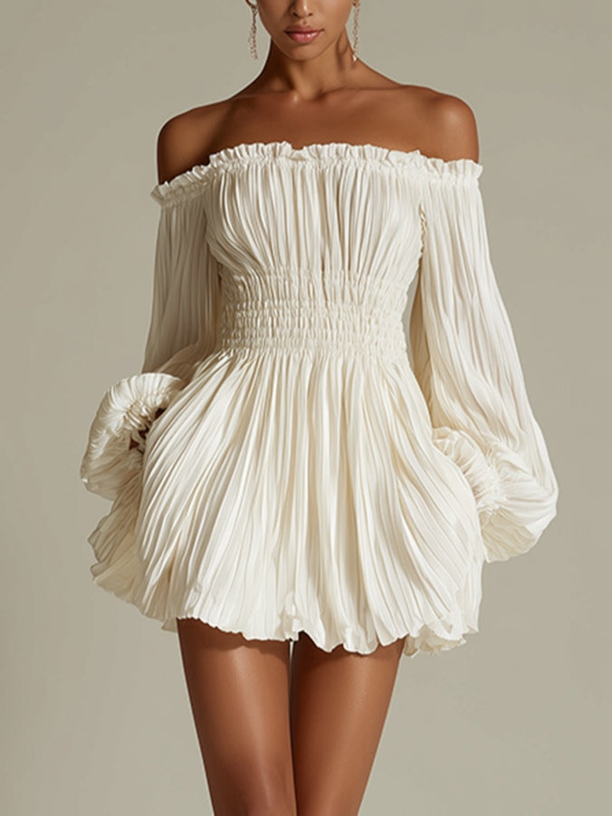 Elegant White Pleated Mini Dress for Women with Off Shoulder Lantern Sleeve Smocked Waist Flowing Style