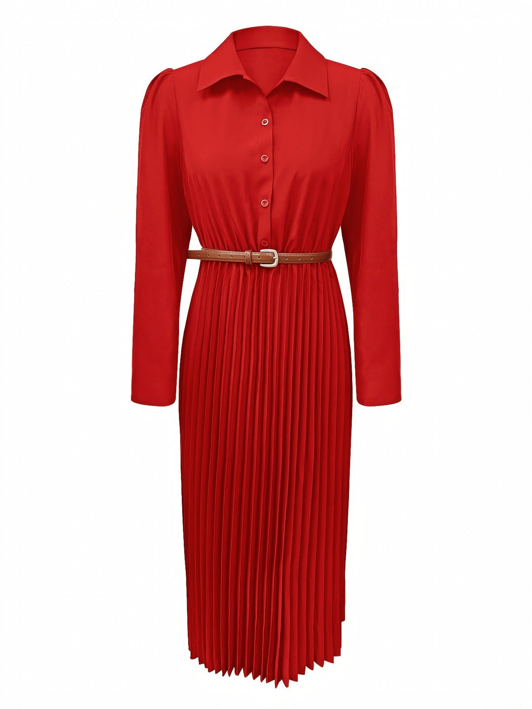 Elegant Pleated Shirt Dress for Women with Collar Long Sleeve Belted Flowing Style