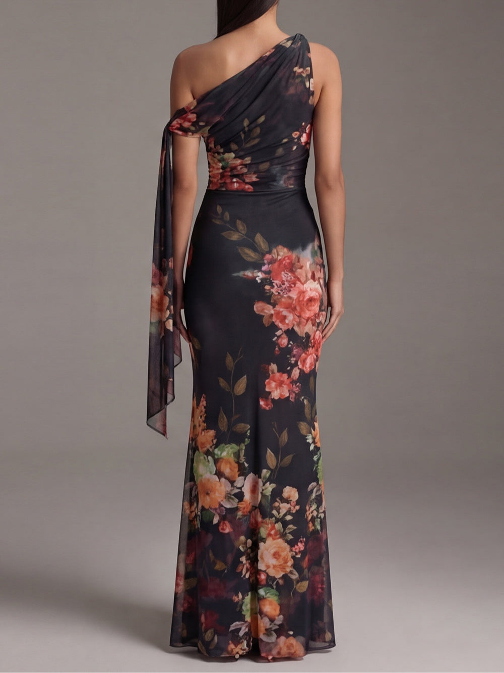Elegant Black Floral Maxi Dress for Women with One Shoulder Draped Sleeve Column Flowing Wedding Guest Style