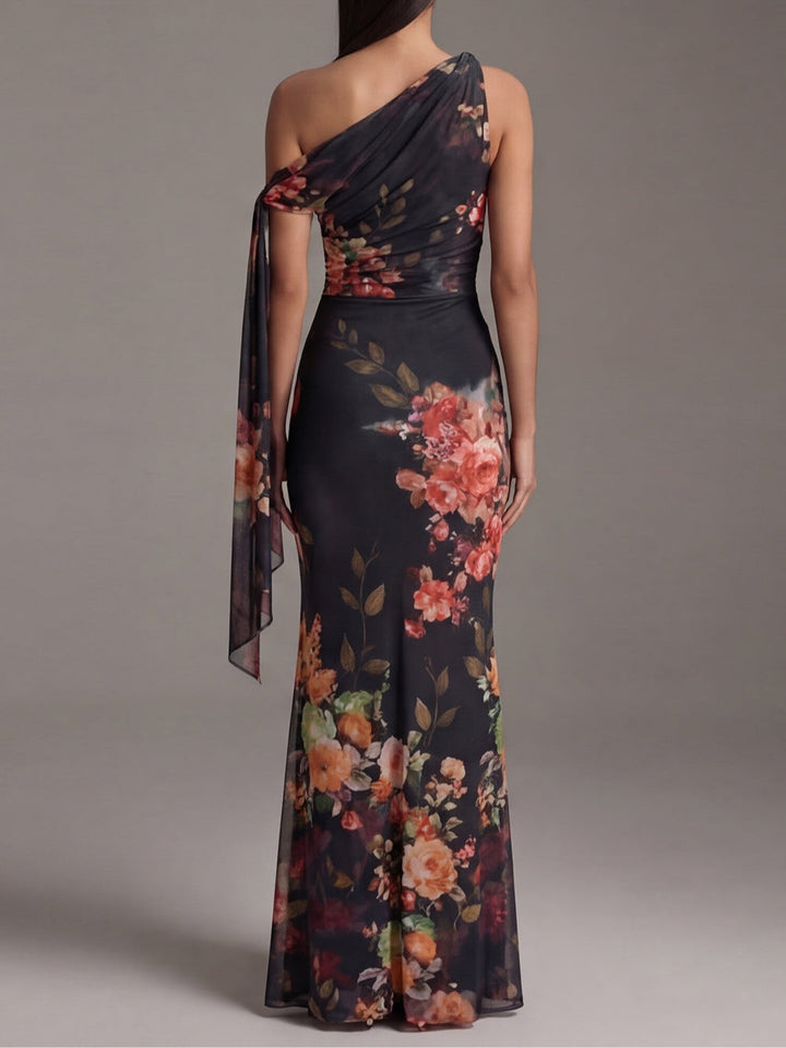 Elegant Black Floral Maxi Dress for Women with One Shoulder Draped Sleeve Column Flowing Wedding Guest Style