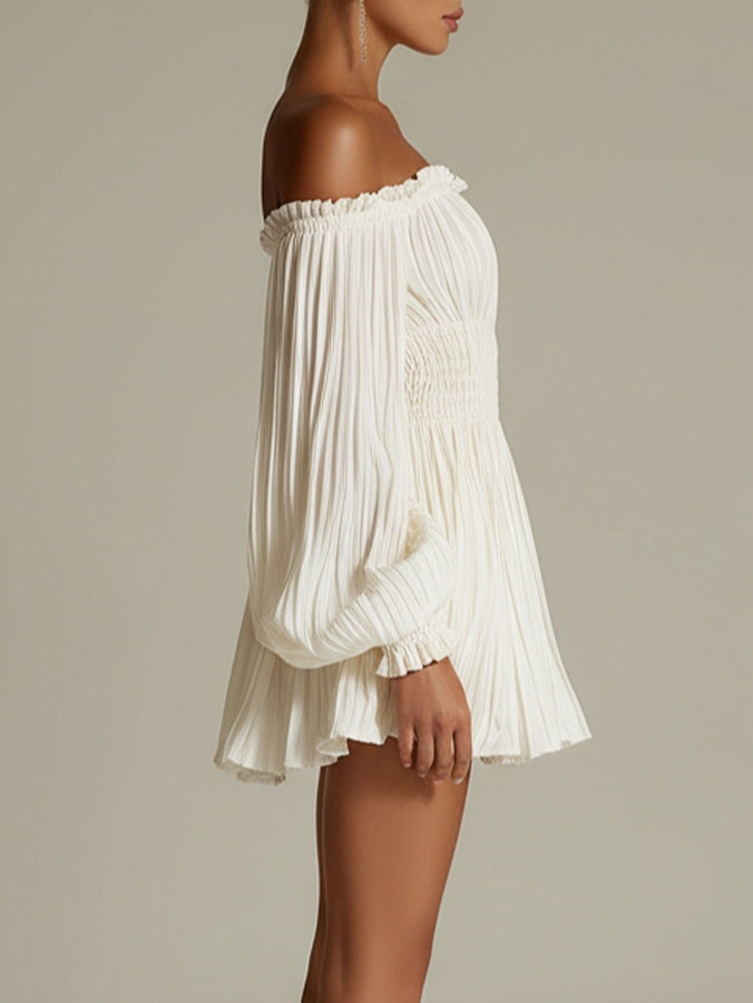 Elegant White Pleated Mini Dress for Women with Off Shoulder Lantern Sleeve Smocked Waist Flowing Style