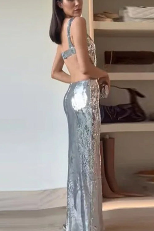 Elegant Sequin Maxi Dress for Women with Square Neck Cutout Waist Bodycon Formal Party Style