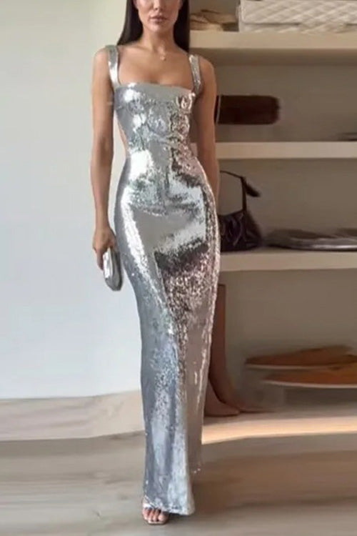 Elegant Sequin Maxi Dress for Women with Square Neck Cutout Waist Bodycon Formal Party Style