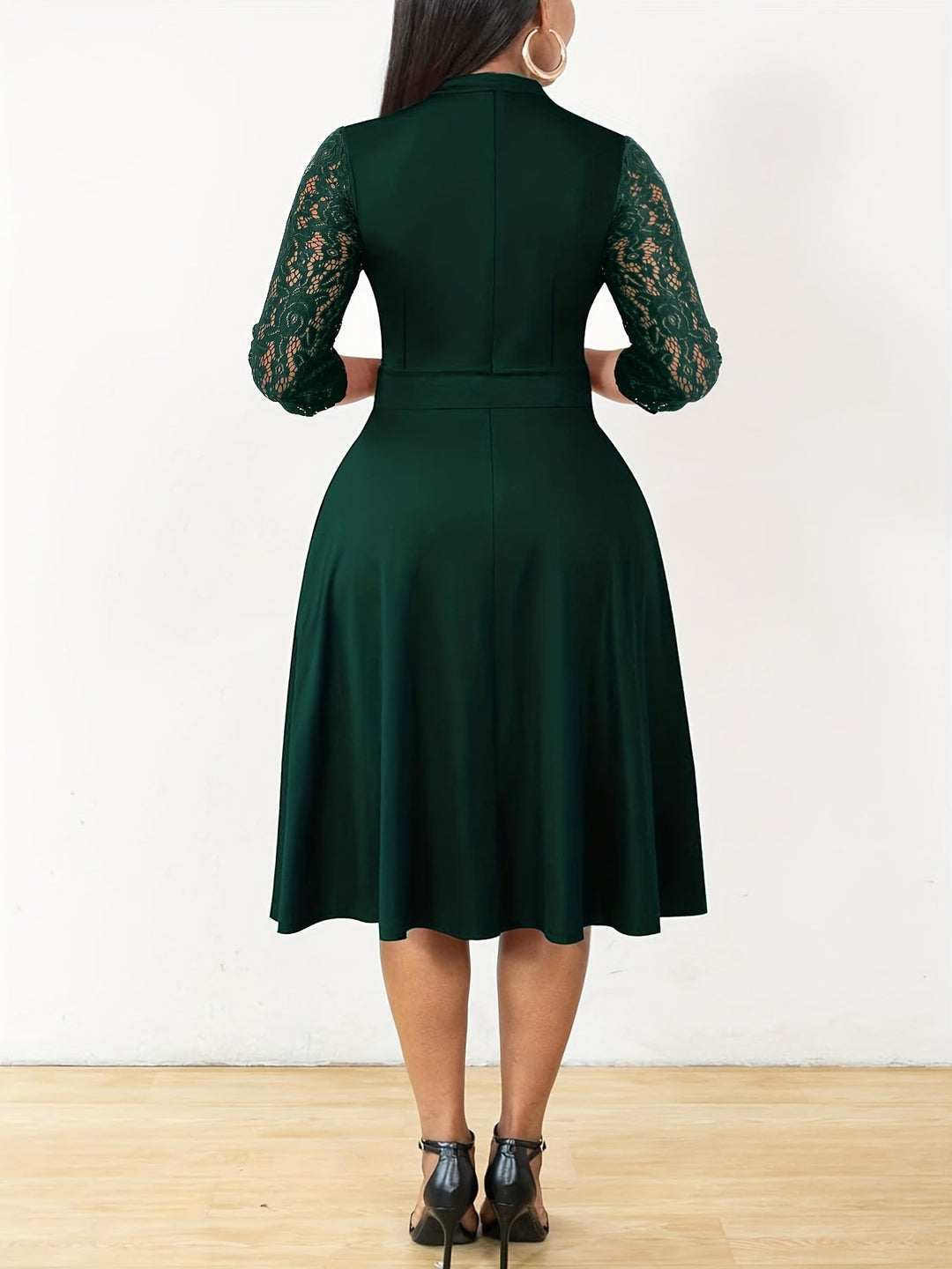 Elegant Lace Midi Dress for Women with Notch Neck Three Quarter Sleeve Fit and Flare Cocktail Style
