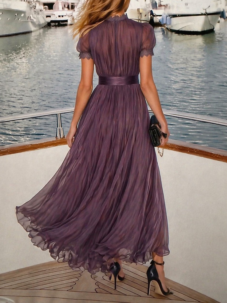 Elegant Chiffon Maxi Dress for Women with High Neck Keyhole Puff Sleeve Flowing Style
