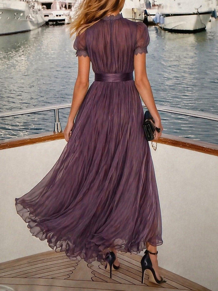 Elegant Chiffon Maxi Dress for Women with High Neck Keyhole Puff Sleeve Flowing Style