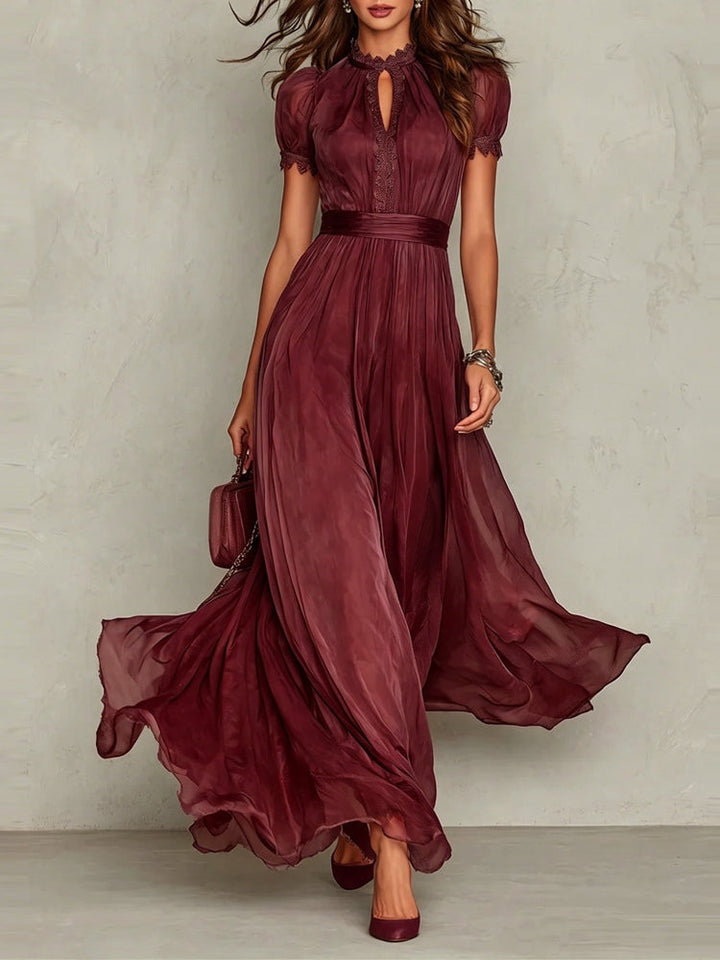 Elegant Chiffon Maxi Dress for Women with High Neck Keyhole Puff Sleeve Flowing Style