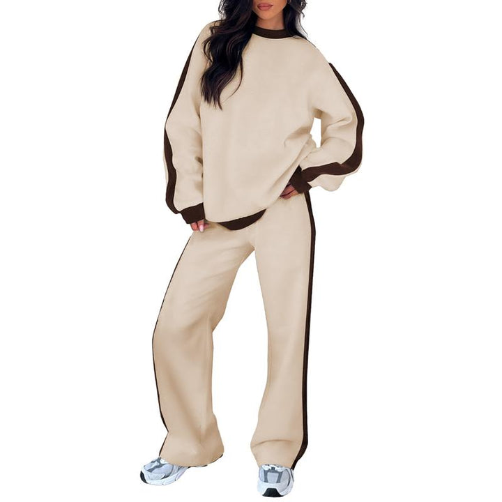 Comfortable Colorblock Wide Leg Set for Women with Crewneck Long Sleeve Contrast Stripe Two Piece Style