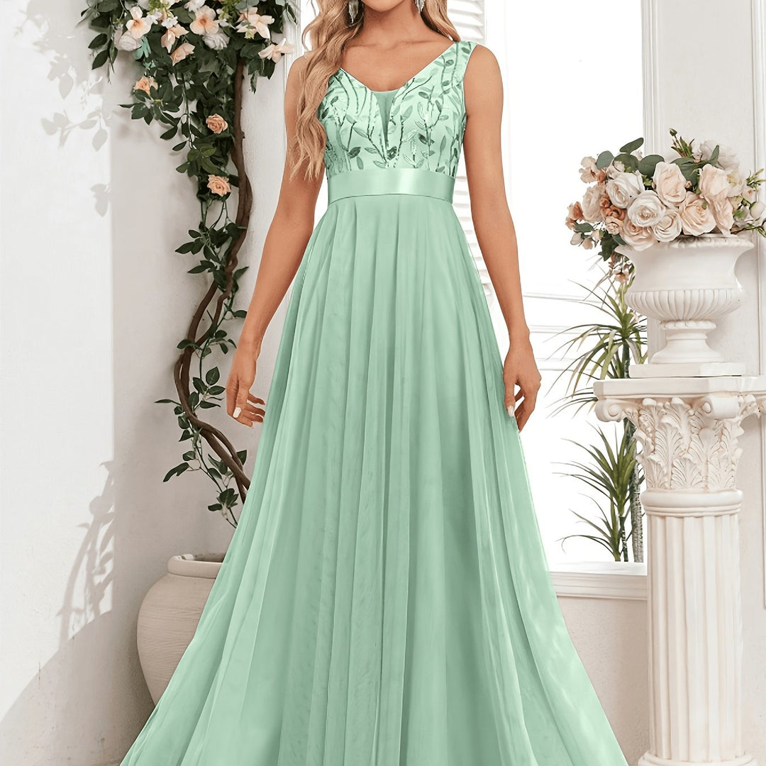 Elegant Embroidered Sequin Maxi Dress for Women with V Neck Sleeveless A Line Formal Wedding Guest Style