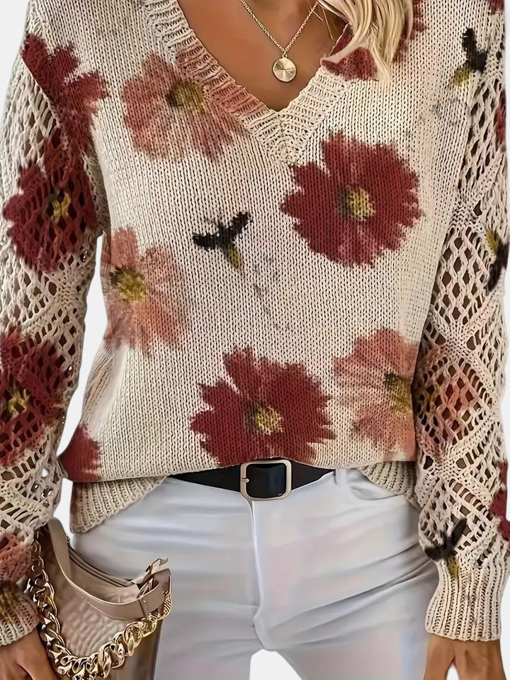 Comfortable Floral Crochet Sweater for Women with V Neck Long Sleeve Oversized Knit Style