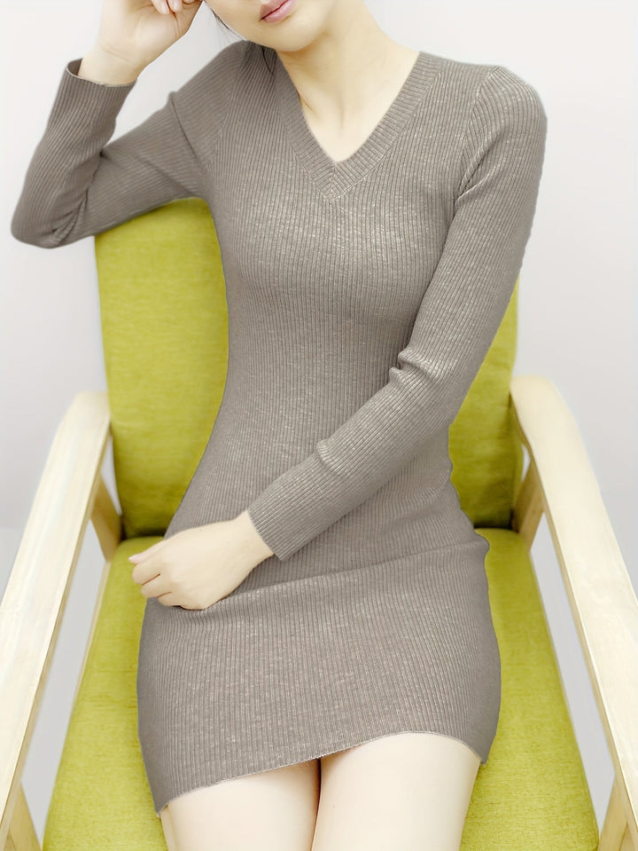 Elegant Ribbed Sweater Mini Dress for Women with V Neck Long Sleeve Bodycon Knit Style