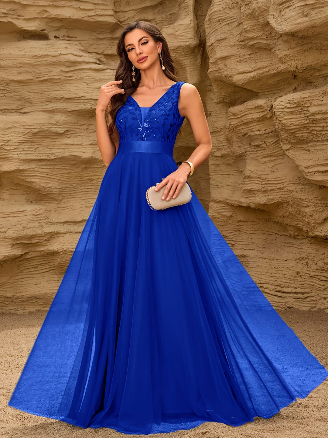 Elegant Embroidered Sequin Maxi Dress for Women with V Neck Sleeveless A Line Formal Wedding Guest Style