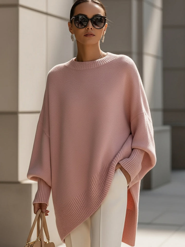 Comfortable Knit Sweater for Women with Crew Neck Batwing Sleeve Asymmetric Hem Oversized Style