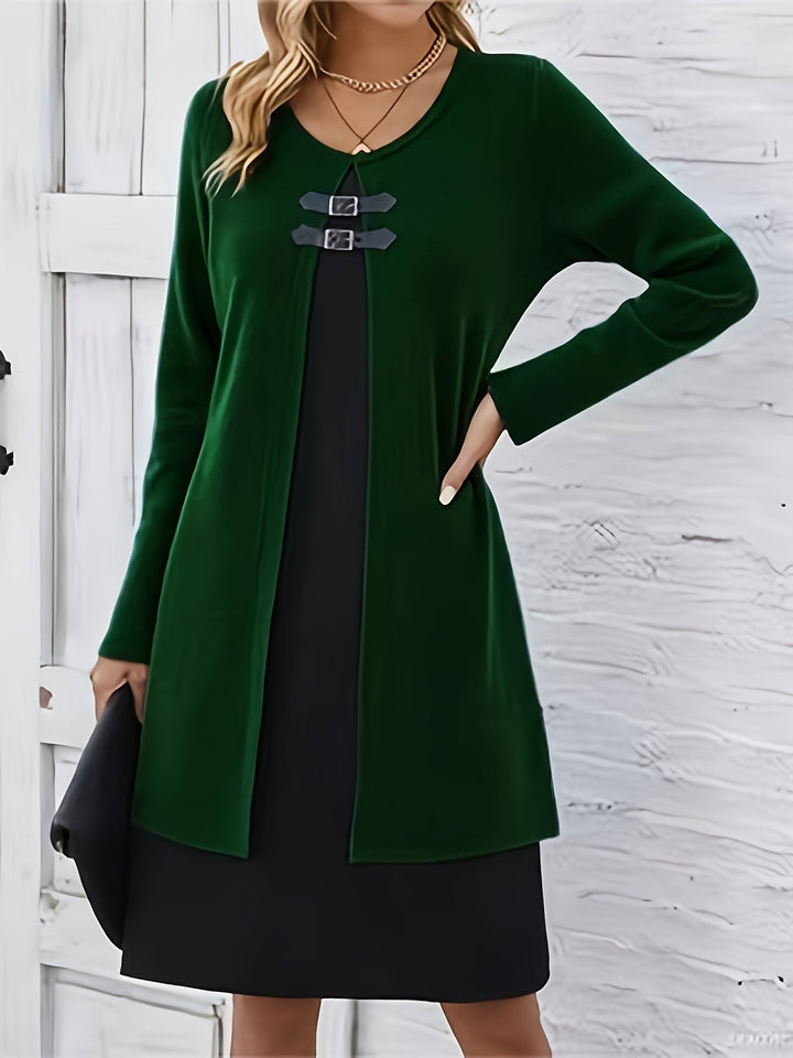 Elegant Ribbed Knit Two Tone Midi Dress for Women with Round Neck Long Sleeve Buckle Detail Layered Style
