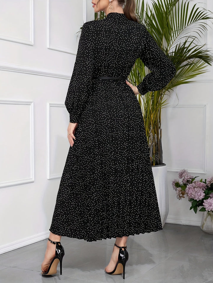 Elegant Polka Dot Maxi Dress for Women with Tie Neck Long Sleeve Pleated Belted Flowing Style