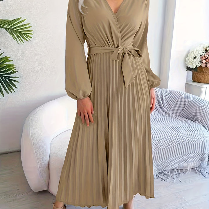 Elegant Pleated Wrap Maxi Dress for Women with V Neck Bishop Sleeve Belted Flowing Style