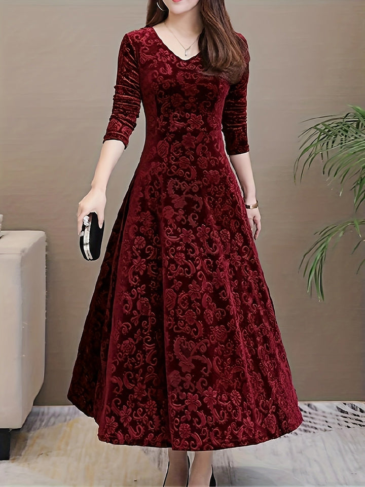 Elegant Velvet Floral Maxi Dress for Women with V Neck Long Sleeve A Line Flowing Formal Style