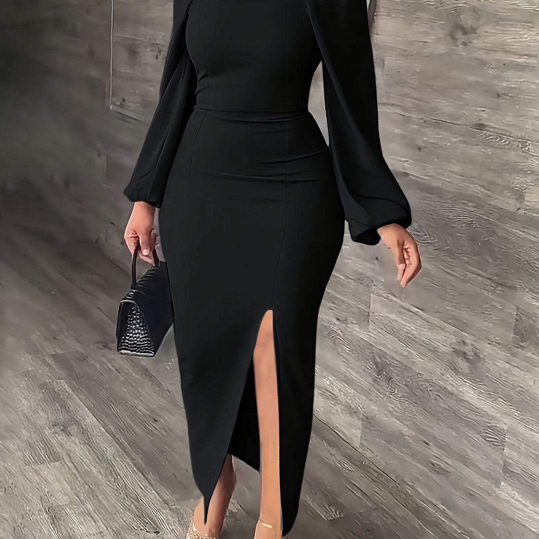 Elegant Bodycon Midi Dress for Women with Square Neck Long Puff Sleeve Side Slit Cocktail Style