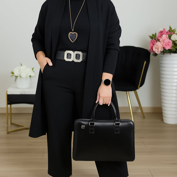 Elegant Three Piece Set for Women with Open Front Duster Cardigan Sleeveless Top Wide Leg Pant Formal Style