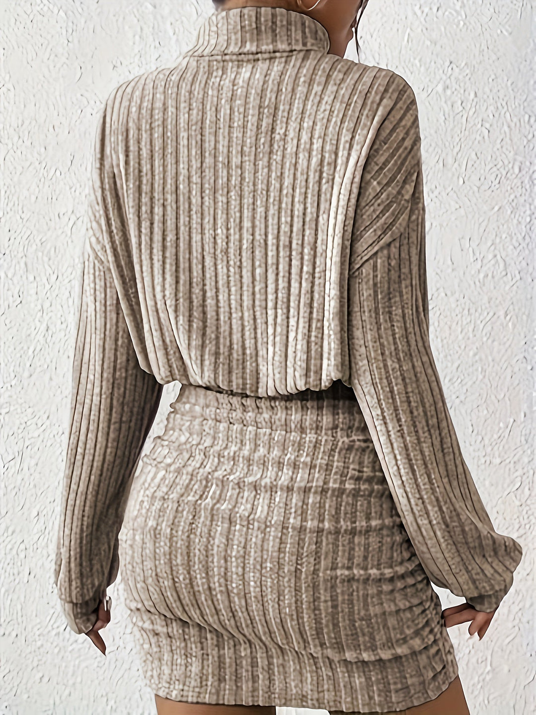 Comfortable Ribbed Mini Dress for Women with Mock Neck Long Sleeve Ruched Bodycon Sweater Style