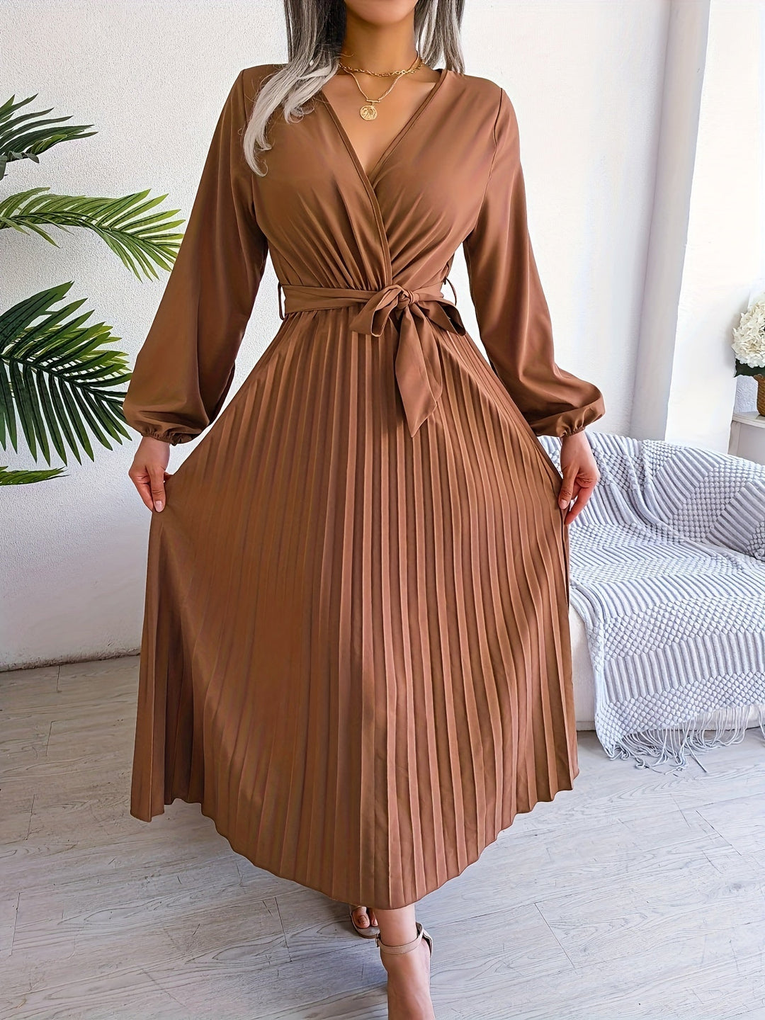 Elegant Pleated Wrap Maxi Dress for Women with V Neck Bishop Sleeve Belted Flowing Style