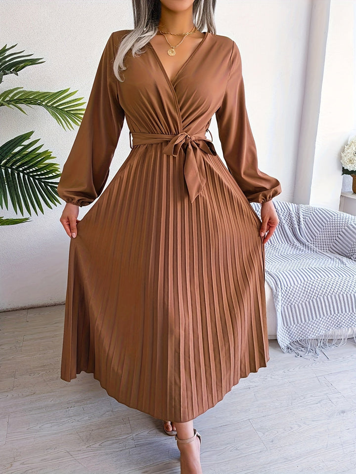 Elegant Pleated Wrap Maxi Dress for Women with V Neck Bishop Sleeve Belted Flowing Style