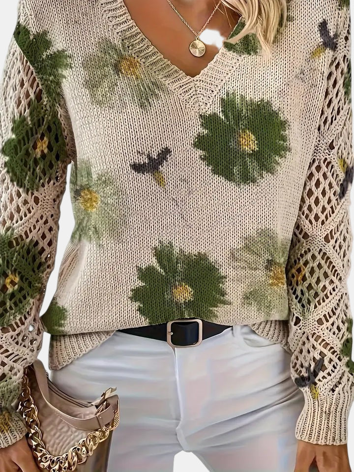 Comfortable Floral Crochet Sweater for Women with V Neck Long Sleeve Oversized Knit Style