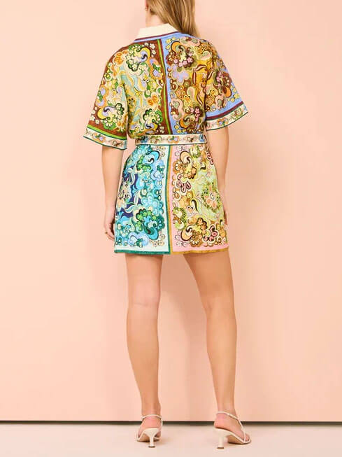 Elegant Multicolor Paisley Print Mini Dress for Women with Collar Short Sleeve Belted Retro Style