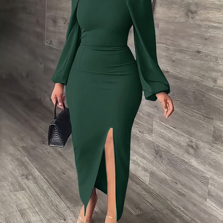 Elegant Bodycon Midi Dress for Women with Square Neck Long Puff Sleeve Side Slit Cocktail Style