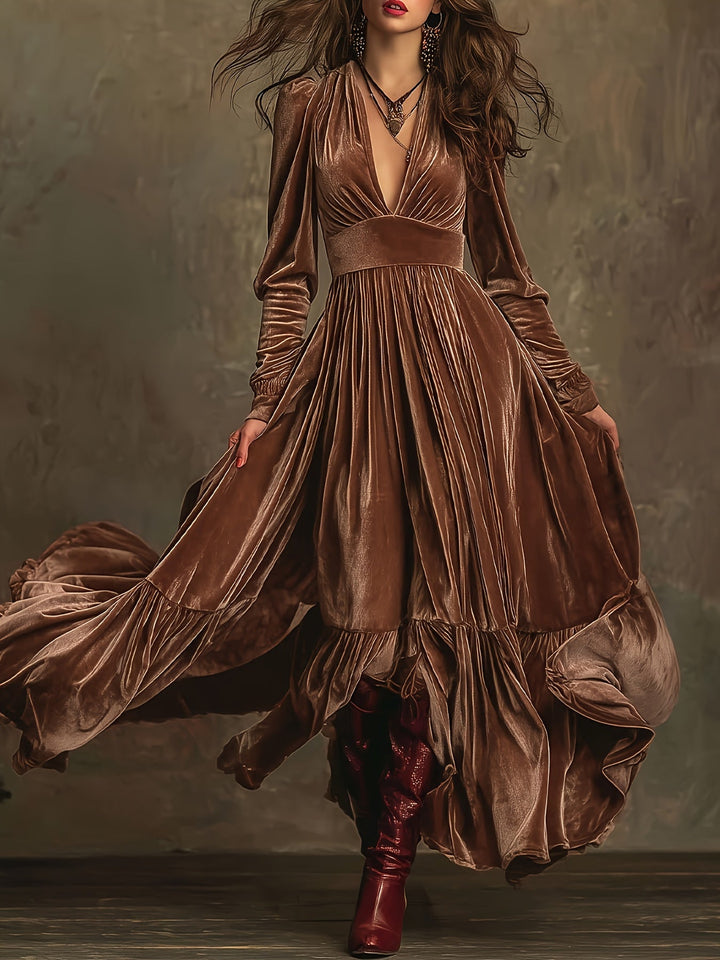 Elegant Velvet Maxi Dress for Women with Plunging V Neck Long Sleeve Tiered Ruffle Flowing Style