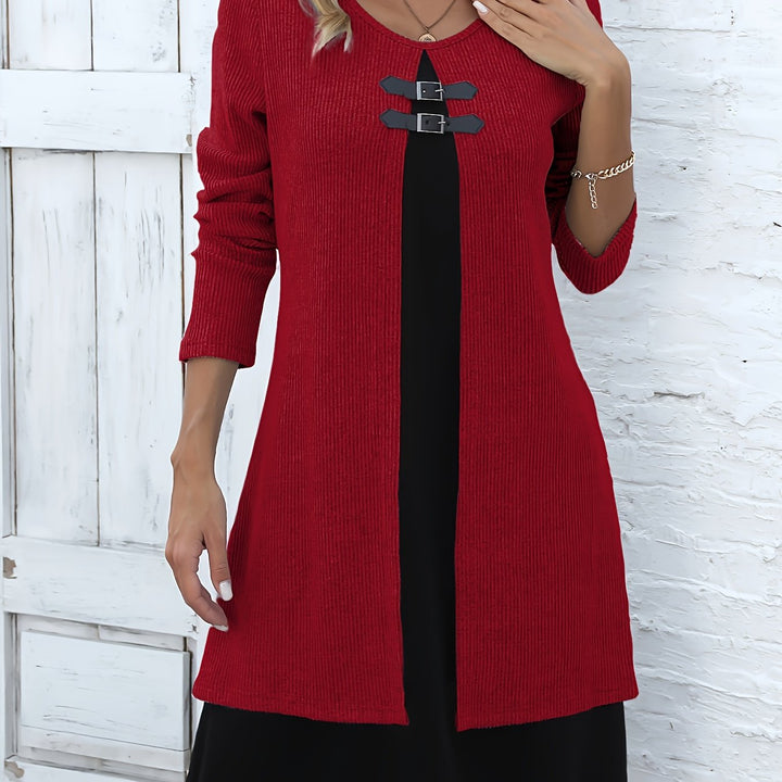 Elegant Ribbed Knit Two Tone Midi Dress for Women with Round Neck Long Sleeve Buckle Detail Layered Style