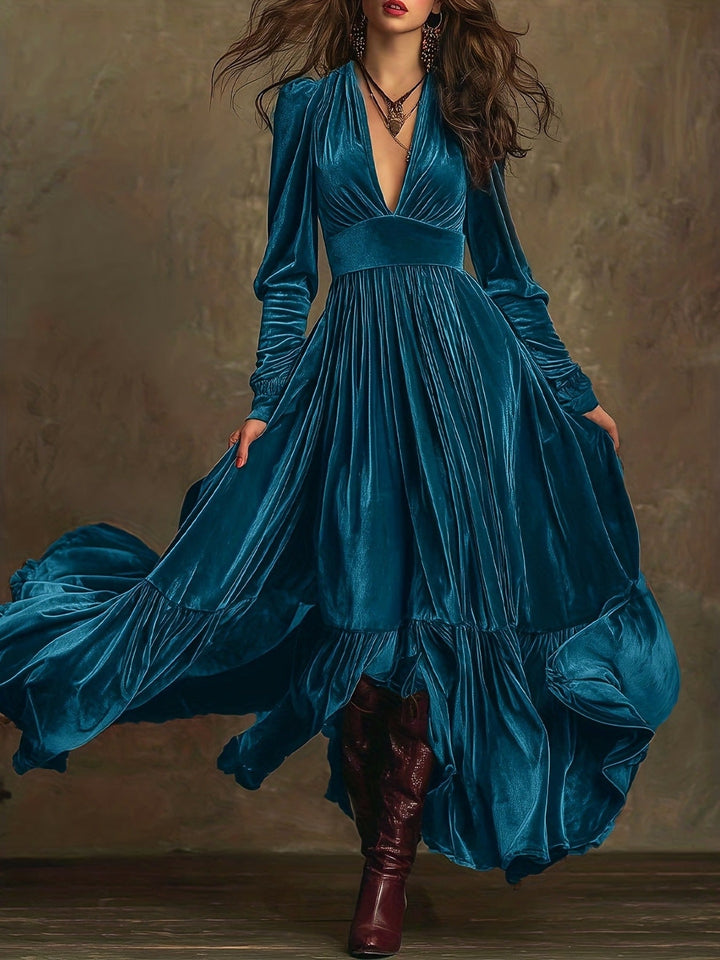 Elegant Velvet Maxi Dress for Women with Plunging V Neck Long Sleeve Tiered Ruffle Flowing Style