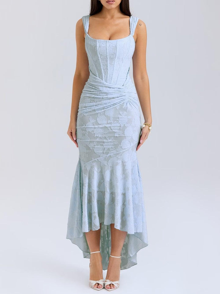 Elegant Floral Lace Maxi Dress for Women with Square Neck Sleeveless Corset Mermaid Formal Wedding Guest Style