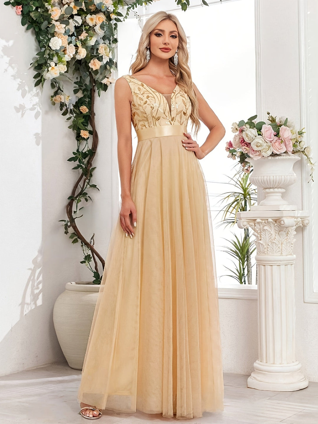 Elegant Embroidered Sequin Maxi Dress for Women with V Neck Sleeveless A Line Formal Wedding Guest Style