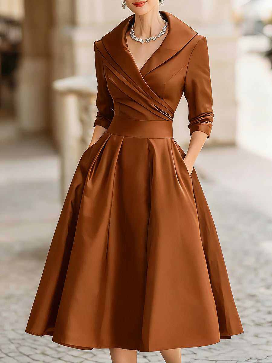 Elegant Satin Midi Dress for Women with Wrap V Neck Elbow Sleeve Pleated A Line Cocktail Style