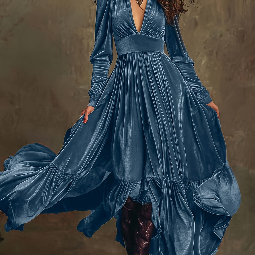 Elegant Velvet Maxi Dress for Women with Plunging V Neck Long Sleeve Tiered Ruffle Flowing Style