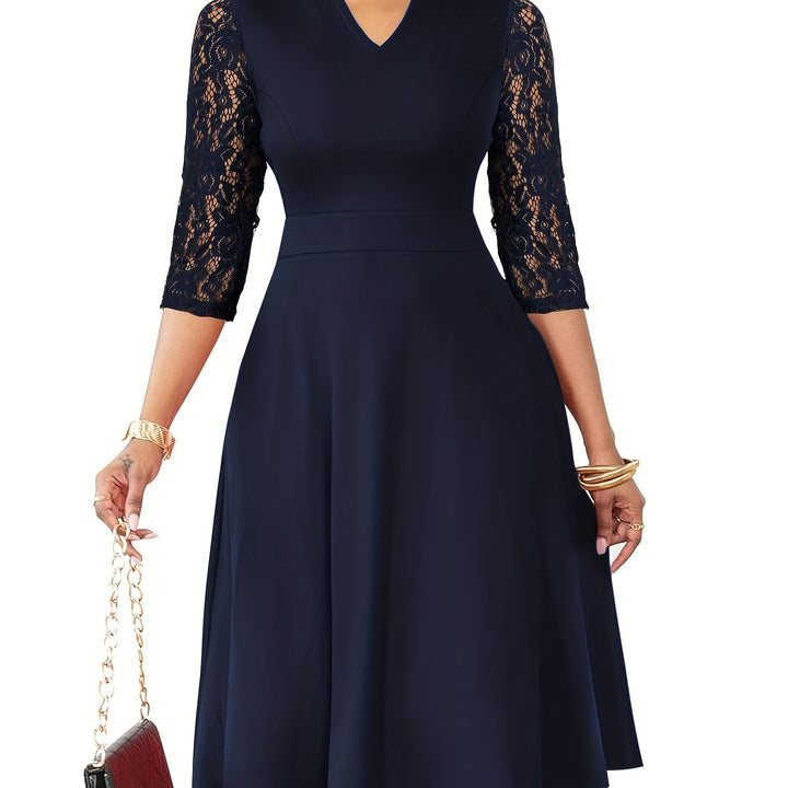 Elegant Lace Midi Dress for Women with Notch Neck Three Quarter Sleeve Fit and Flare Cocktail Style