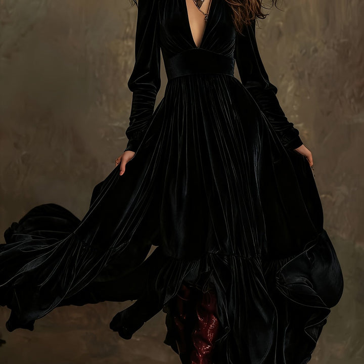Elegant Velvet Maxi Dress for Women with Plunging V Neck Long Sleeve Tiered Ruffle Flowing Style