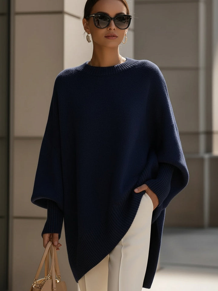 Comfortable Knit Sweater for Women with Crew Neck Batwing Sleeve Asymmetric Hem Oversized Style