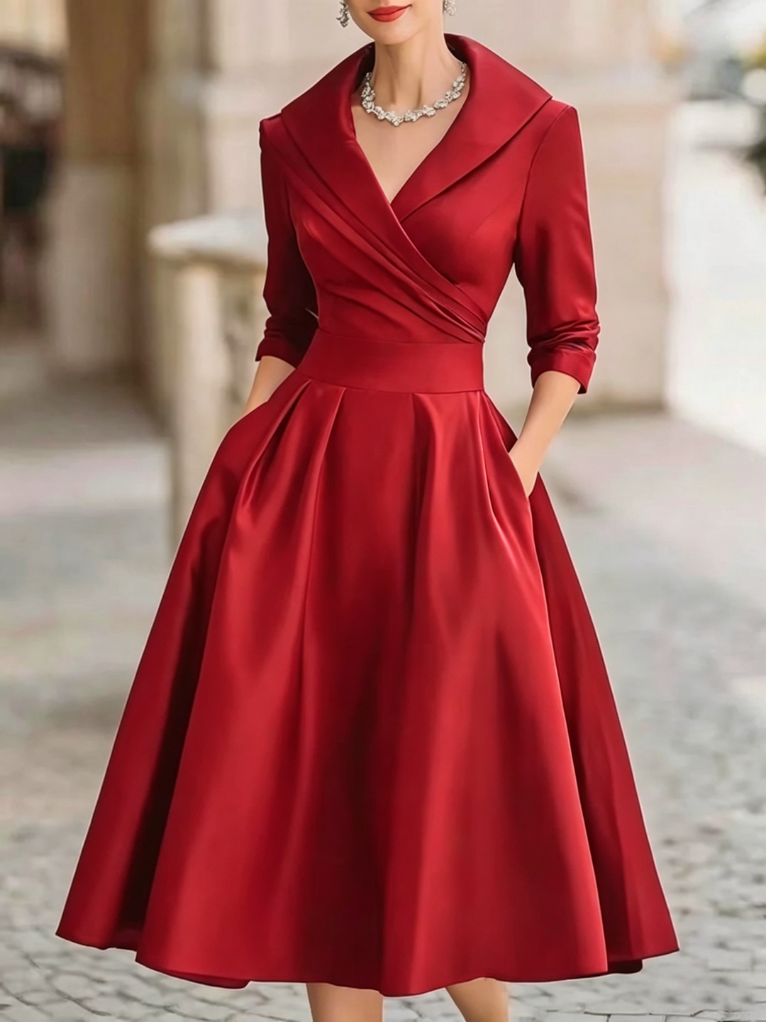 Elegant Satin Midi Dress for Women with Wrap V Neck Elbow Sleeve Pleated A Line Cocktail Style