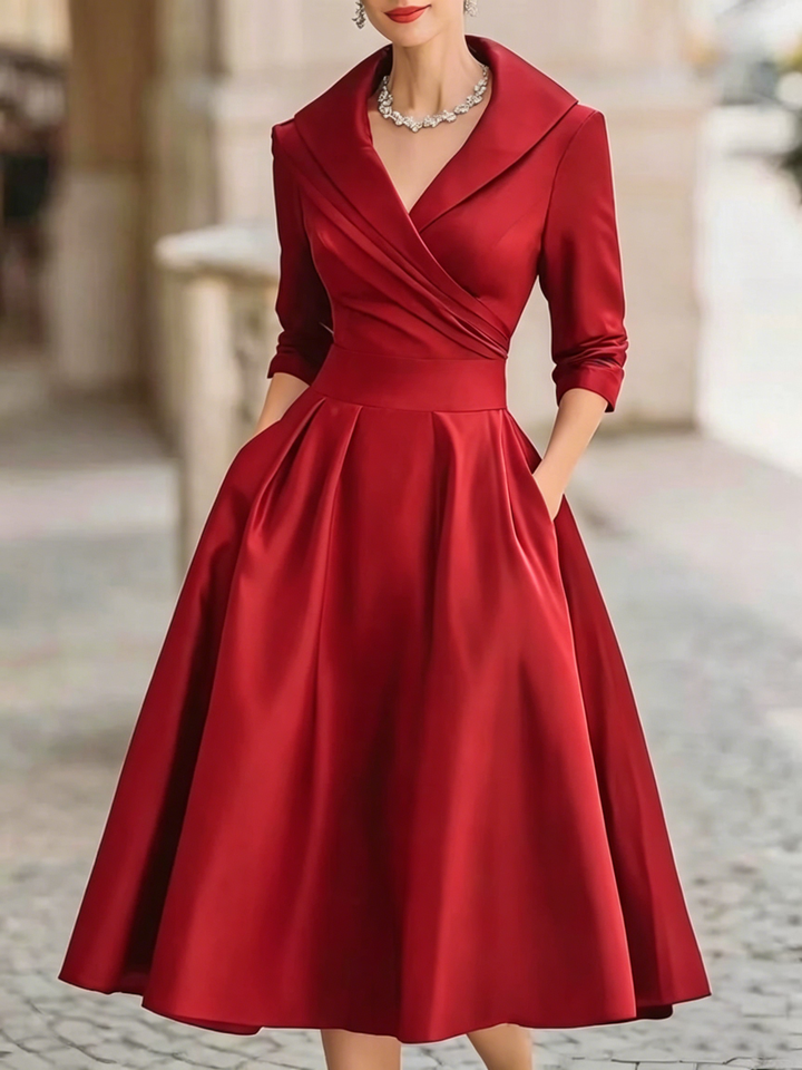 Elegant Satin Midi Dress for Women with Wrap V Neck Elbow Sleeve Pleated A Line Cocktail Style