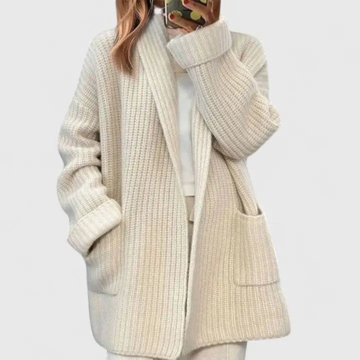 Comfortable Waffle Knit Cardigan for Women with Notched Collar Long Sleeve Oversized Longline Style