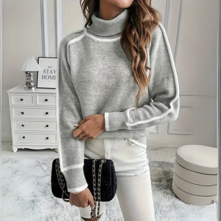 Comfortable Grey Contrast Trim Sweater for Women with High Neck Long Sleeve Relaxed Oversized Knit Style